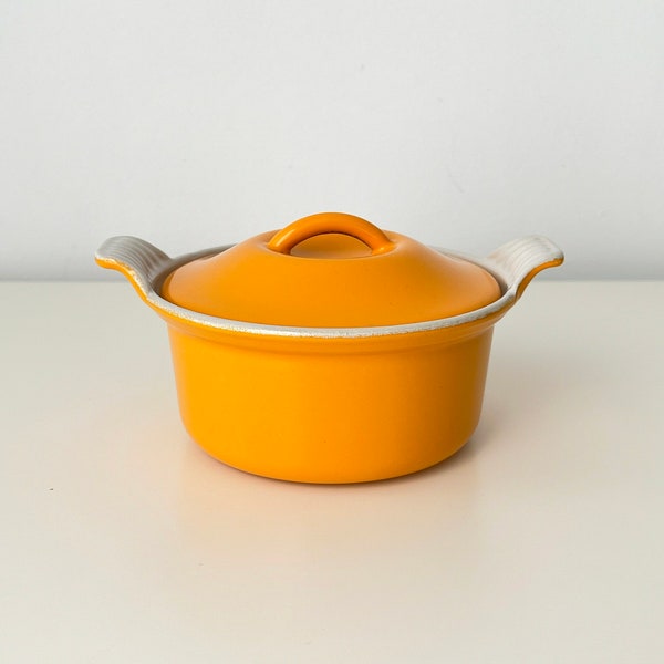 1980s LE CREUSET Tangerine Orange #14 Small Enameled Cast Iron Pot, with Rare Lid — For Chocolate Fondue, Rice — Vintage, Made in France