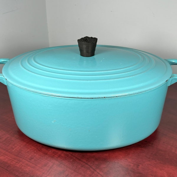Vintage LE CREUSET Paris Blue Turquoise, G Size 6.75 Qt Large Oval Dutch Oven — 1950s — Made in France — Very Difficult-to-Find