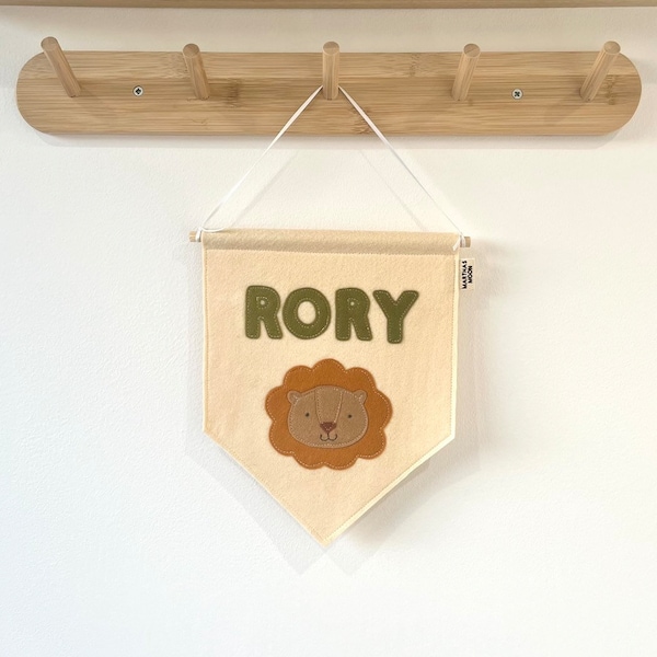 Lion Fabric Banner - Personalised - Nursery Wall Decor - Kids Room - Flag - Door Sign - Pennant Flag - Playroom