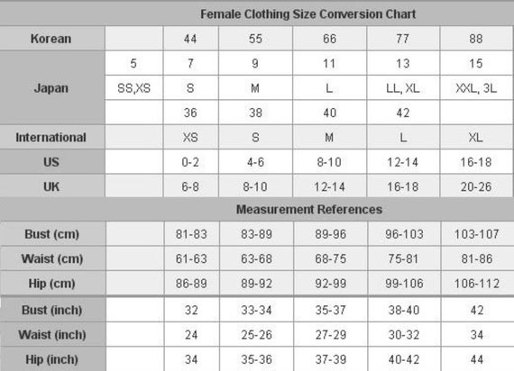 Female Clothing Size Conversion Chart