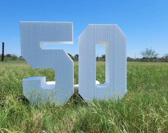 Big Foam Numbers 50. 30in tall and 8in thick. For any two numbers.