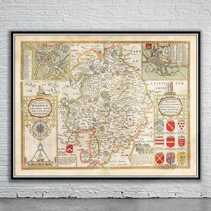 Belle carte vintage de Warwick, Angleterre | Ancienne carte imprimée | Art mural vintage | Idées de décoration d'intérieur
