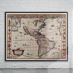 Belo mapa vintage da América 1626 | Mapa antigo impressão | Arte de parede vintage | Ideias de design de interiores