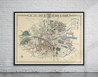 Vintage Dublin Map Print, Ireland, 1925 Civic Survey