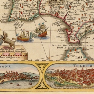 May include: An antique map of the Iberian Peninsula, showing the Strait of Gibraltar, with the cities of Lisbon and Toledo depicted in inset maps. The map is in a vintage style with hand-drawn details and a scale bar labeled "Scala Leucarus Hifpanicarum".