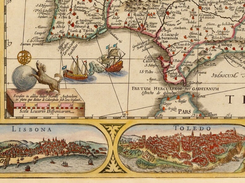 May include: An antique map of the Iberian Peninsula, showing the Strait of Gibraltar, with the cities of Lisbon and Toledo depicted in inset maps. The map is in a vintage style with hand-drawn details and a scale bar labeled "Scala Leucarus Hifpanicarum".