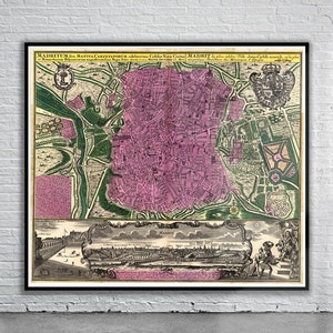 Belle carte vintage de Madrid 1730 | Ancienne carte imprimée | Art mural vintage | Idées de décoration d'intérieur