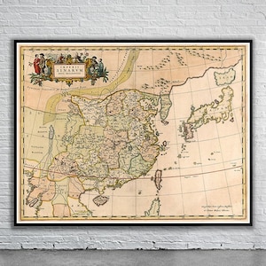 Belle carte vintage de Chine 1654 | Ancienne carte imprimée | Art mural vintage | Idées de décoration d'intérieur