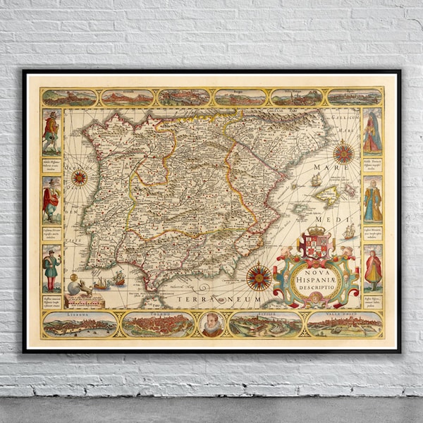 Hermoso mapa vintage de España y Portugal 1610 / Impresión de mapa antiguo / Arte de pared vintage / Ideas de diseño de interiores