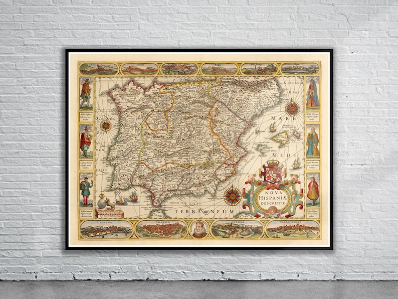 May include: An antique map of Spain from 1600, showing the provinces and cities of the Iberian Peninsula. The map is in a vintage style with a decorative border and a compass rose. The title of the map is "Nova Hispaniae Descriptio" and the text is in Latin.