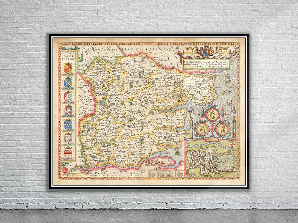 【新品・未使用】英国製 エッチングアート ヴィンテージ ホイルアート 地図 イギリス、エセックスのヴィンテージアンティークマップ | 古