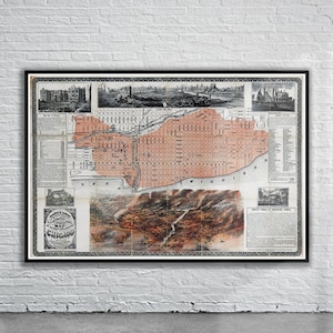 Belle carte vintage du grand incendie de Chicago 1871 | Ancienne carte imprimée | Art mural vintage | Idées de décoration d'intérieur