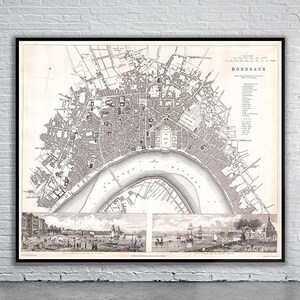 Belle carte vintage de Bordeaux 1832 | Ancienne carte imprimée | Art mural vintage | Idées de décoration d'intérieur