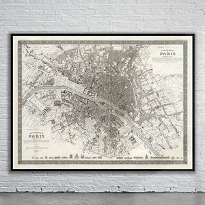 Belo mapa vintage de Paris, França 1860 | Mapa antigo impressão | Arte de parede vintage | Ideias de design de interiores