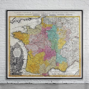 Belle carte de France vintage 1741 | Ancienne carte imprimée | Art mural vintage | Idées de décoration d'intérieur