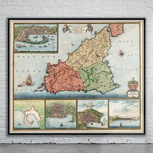 Belle carte vintage de la Sicile 1680 | Ancienne carte imprimée | Art mural vintage | Idées de décoration d'intérieur