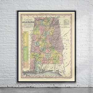 Belle carte vintage de l’État de l’Alabama 1833 | Ancienne carte imprimée | art mural vintage | Idées de design d'intérieur