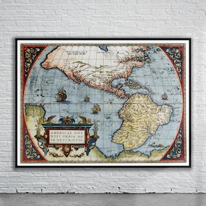 Hermoso mapa vintage de América 1570 / Impresión de mapa antiguo / Arte de pared vintage / Ideas de diseño de interiores
