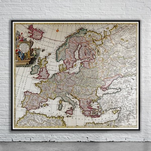 Mooie vintage kaart van Europa 1700 | Oude kaart afdrukken | Vintage kunst aan de muur | Ideeën voor interieurontwerp