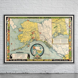 Belle carte vintage de l'Alaska 1936 | Impression de carte ancienne | art mural vintage | Idées de design d'intérieur