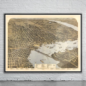 Belle vue vintage de la carte à vol d'oiseau de Jacksonville | Ancienne carte imprimée | Art mural vintage | Idées de décoration d'intérieur