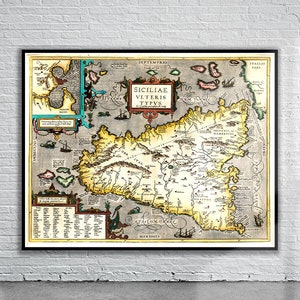 Hermoso mapa vintage de Sicilia 1584 / Impresión de mapa antiguo / Arte de pared vintage / Ideas de diseño de interiores