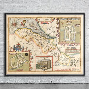 Belle carte vintage du Flintshire, Angleterre | Ancienne carte imprimée | Art mural vintage | Idées de décoration d'intérieur