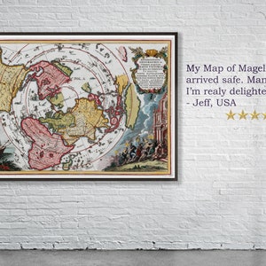 May include: A vintage map of Magellan's voyage around the world, printed in a circular format. The map is framed in a dark wood frame and features a ship sailing on the left side of the map. The map is in shades of red, yellow, and green.