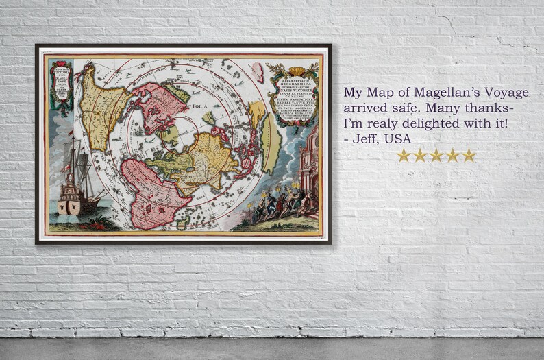 May include: A vintage map of Magellan's voyage around the world, printed in a circular format. The map is framed in a dark wood frame and features a ship sailing on the left side of the map. The map is in shades of red, yellow, and green.