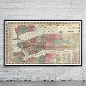 Belle carte vintage de New York 1857 | Ancienne carte imprimée | Art mural vintage | Idées de décoration d'intérieur