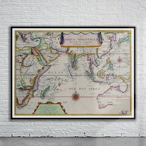 Hermoso mapa vintage del Océano Índico 1677 / Impresión de mapa antiguo / Arte de pared vintage / Ideas de diseño de interiores