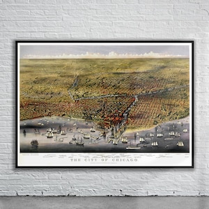 Belle vue vintage de la carte Birdseye de Chicago 1874 | Ancienne carte imprimée | art mural vintage | Idées de design d'intérieur