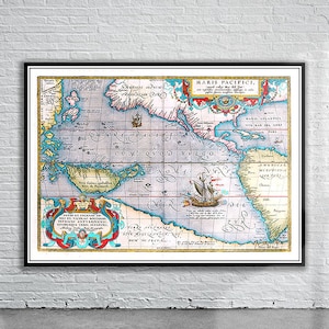 Hermoso mapa vintage del Océano Pacífico 1590 / Impresión de mapa antiguo / Arte de pared vintage / Ideas de diseño de interiores
