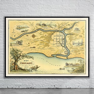 Belle carte vintage de Chicago 1833 | Ancienne carte imprimée | Art mural vintage | Idées de décoration d'intérieur