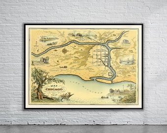 Può includere: Una mappa antica di Chicago del 1833, che mostra la disposizione della città e le aree circostanti. La mappa è disegnata a mano e presenta illustrazioni dettagliate di edifici, strade e corsi d'acqua. La mappa è stampata su carta invecchiata con un tono giallino.