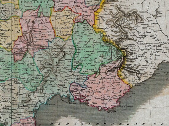 Antique Map France 1814: Color-Coded Departments, Vintage