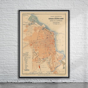 Hermoso mapa vintage de Buenos Aires 1880 / Impresión de mapa antiguo / Arte de pared vintage / Ideas de diseño de interiores