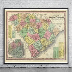 Belle carte vintage de l’État de Caroline du Sud 1833 | Ancienne carte imprimée | art mural vintage | Idées de design d'intérieur