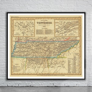Belle carte vintage du Tennessee 1845 | Ancienne carte imprimée | Art mural vintage | Idées de décoration d'intérieur