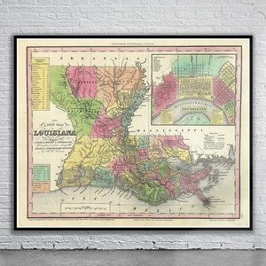 Belle carte vintage Old State de la Louisiane 1833 | Ancienne carte imprimée | Art mural vintage | Idées de décoration d'intérieur