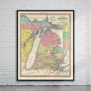 Belle carte vintage de l’État du Michigan 1833 | Ancienne carte imprimée | art mural vintage | Idées de design d'intérieur