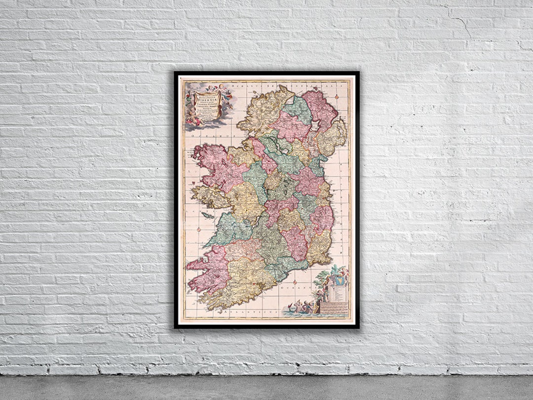 Rustic Irish Map Vintage Ireland Map Antique Print - 1662 Historical Artwork, Full Color ...
