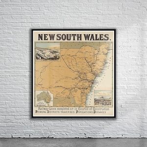 Mooie vintage kaart van New South Wales 1890 | Oude kaart afdrukken | Vintage kunst aan de muur | Ideeën voor interieurontwerp