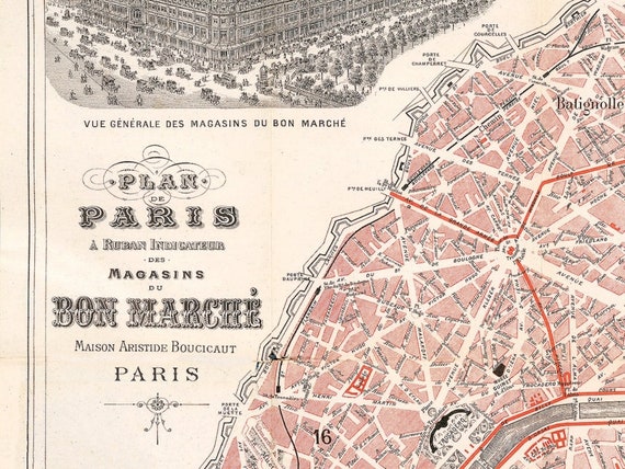 1892 年フランス、パリの美しいヴィンテージ マップ | 古い地図