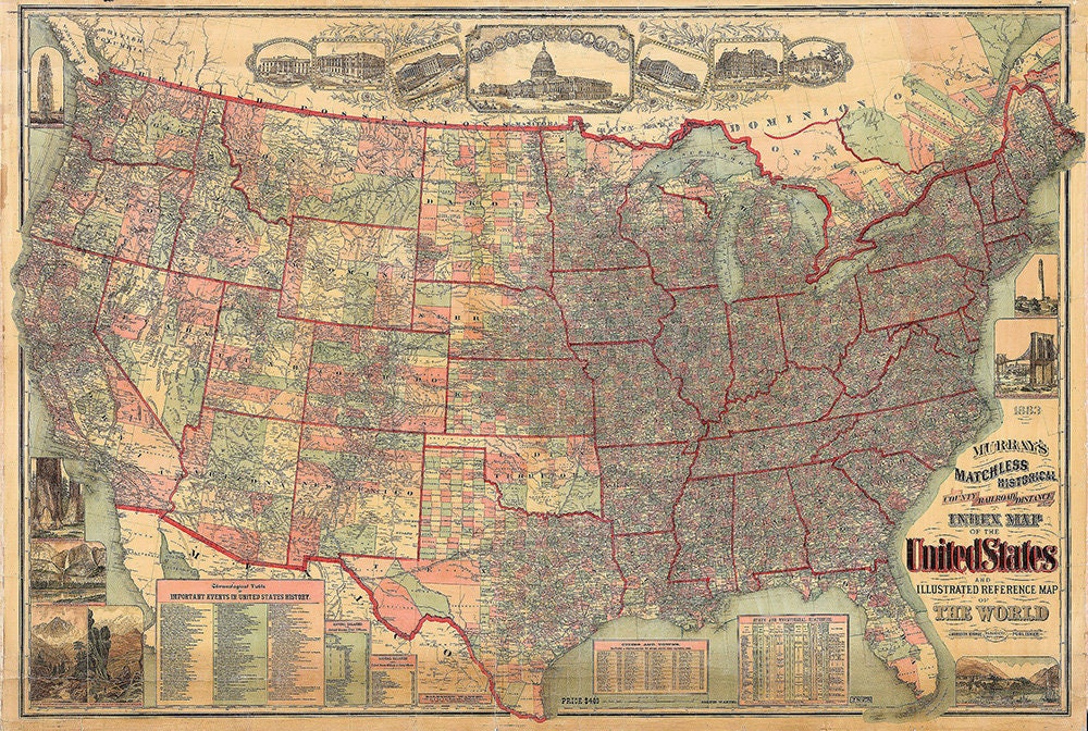 Antique Map Vintage United States 1883 Print - Detailed Topography ...