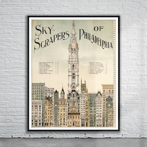 May include: A vintage illustration of the Philadelphia skyline, featuring City Hall with its iconic clock tower. The illustration is titled "Sky Scrapers of Philadelphia" and includes a list of buildings and their heights.