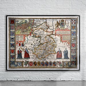 Belle carte vintage du Cambridgeshire 1611 | Ancienne carte imprimée | Art mural vintage | Idées de décoration d'intérieur