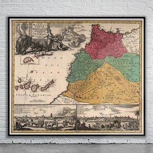 Belle carte vintage du Maroc 1728 | Ancienne carte imprimée | Art mural vintage | Idées de décoration d'intérieur