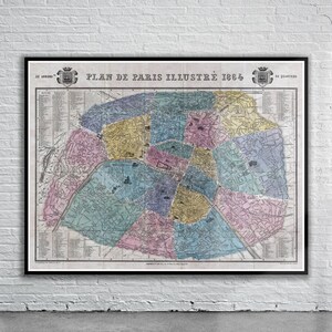 Belle carte vintage de Paris, France 1864 | Ancienne carte imprimée | Art mural vintage | Idées de décoration d'intérieur