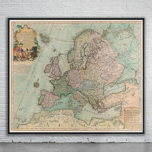 Belle carte vintage de l'Europe 1757 | Ancienne carte imprimée | Art mural vintage | Idées de décoration d'intérieur